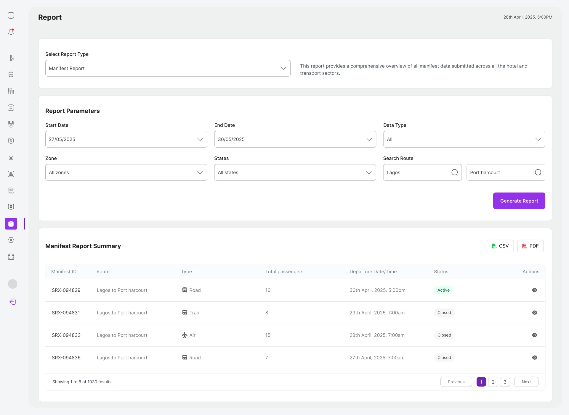 ECCRS manifest reports overview screen